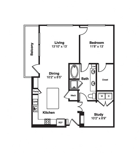 Floor plan for 1 bed, 1 bath, 999 sqft